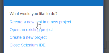 The new project screen with Selenium IDE